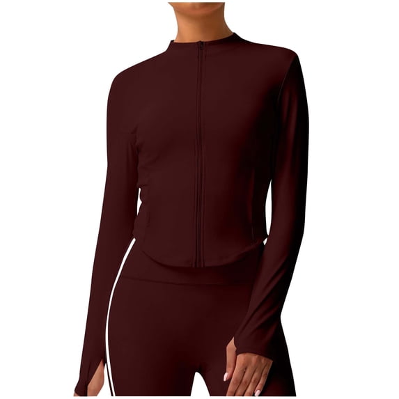 Sexlip Women's Zip Up Athletic Jackets Cropped Long Sleeve Workout Tops Fall Slim Fitted Yoga Gym Shirts Brown M
