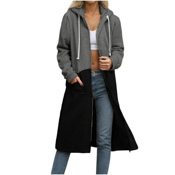 Sexlip Women's Zip Up Hoodies Oversized Fleece Long Pullover Color Matching Hooded Sweatshirts Casual Long Sleeve Fall Hoodie Jacket Coats Gray S