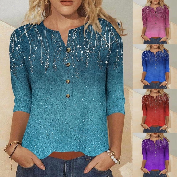 Sexlip Womens 3/4 Length Sleeve Tops Casual Henley Summer Shirts Loose Fit Three Quarter Length Sleeve Blouses Blue L