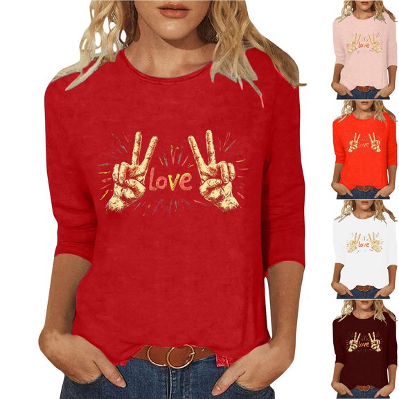 Sexlip Womens 3/4 Sleeve Blouse Peace Sign Print Design Soft Fabric Relaxed Silhouette for Casual Occasions Orange L