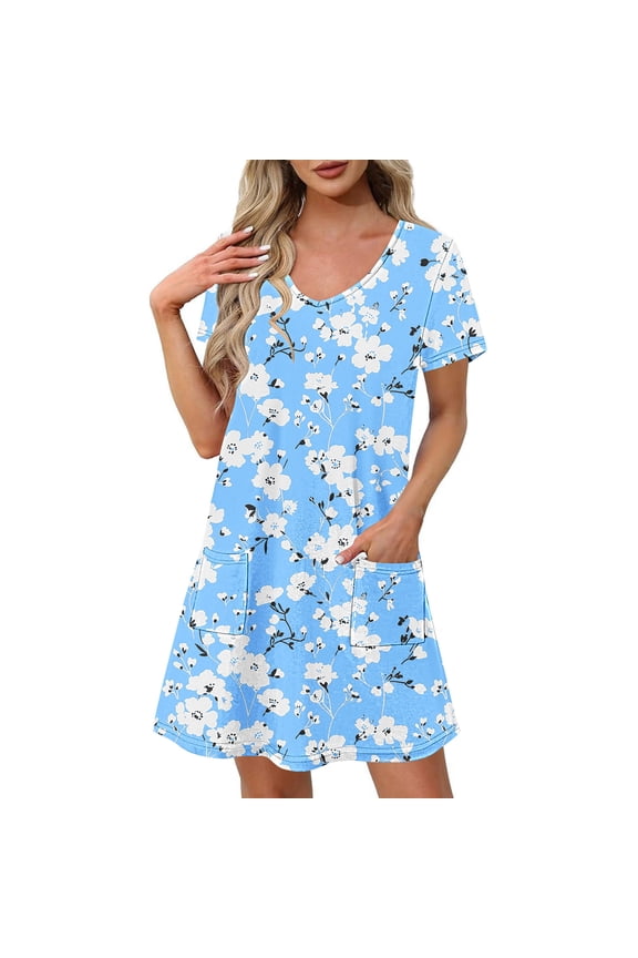 Womens A Line Dress Short Sleeve Floral Design Soft Fabric Flared Silhouette for Daily Casual Blue S