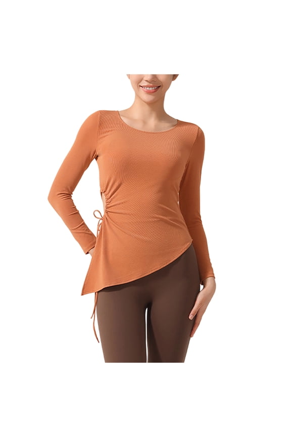 Womens Asymmetrical Hem Blouse Long Sleeve Fitted Design Soft Fabric Slim Silhouette for Evening Occasions Brown S
