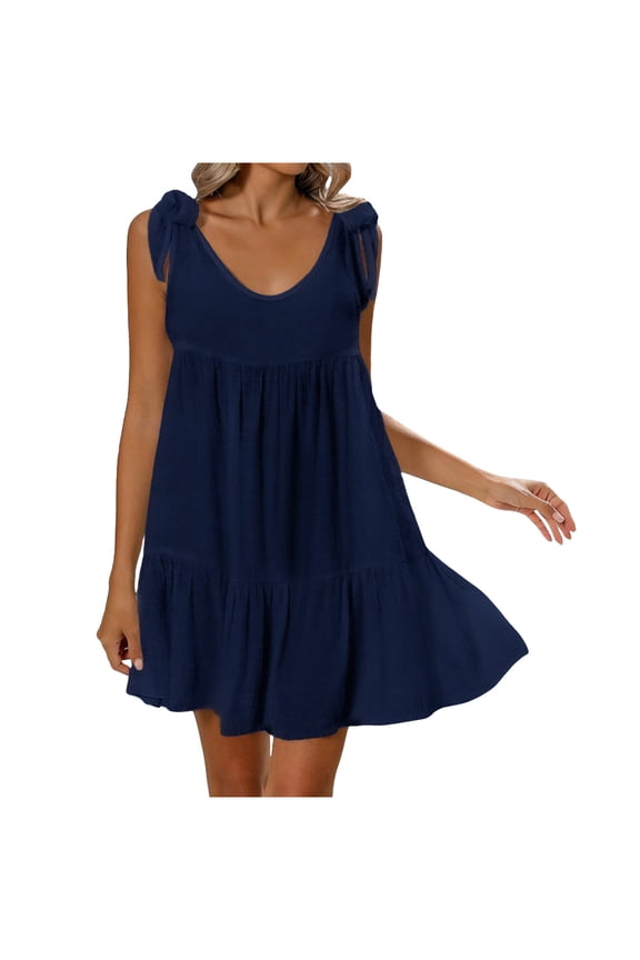 Womens Babydoll Mini Dress Ruffle Trim Design Soft Fabric Relaxed Silhouette for Casual Outings Blue XXL