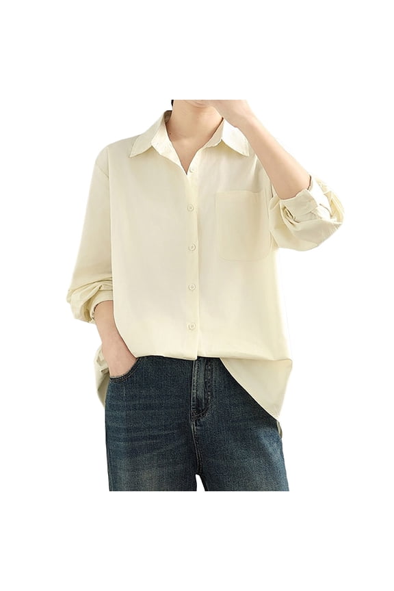 Womens Base Layer Shirt Dressy Lapel Neck Button Down Cotton Jacket Coat Long Sleeve Open Front Cardigna with Pocket Beige XXL