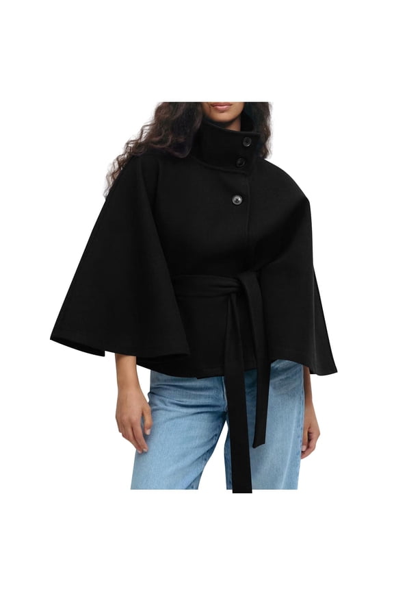 Womens Batwing Sleeve Poncho Pea Coats, Wool Blend Cape Coat Belted Stand Collar Trench Outerwear Winter Cropped Overcoat Black S