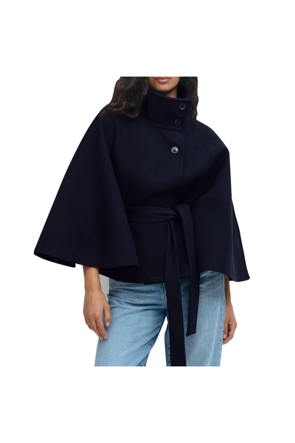 Womens Batwing Sleeve Poncho Pea Coats, Wool Blend Cape Coat Belted Stand Collar Trench Outerwear Winter Cropped Overcoat Blue XXL