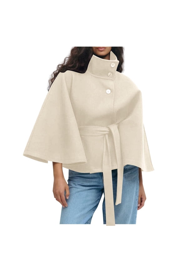 Womens Batwing Sleeve Poncho Pea Coats, Wool Blend Cape Coat Belted Stand Collar Trench Outerwear Winter Cropped Overcoat White S