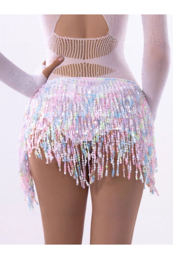 Womens Belly Dance Fringe Mini Skirt Sequin Design Sparkly Fabric Relaxed Silhouette for Dance Performances Green Free Size