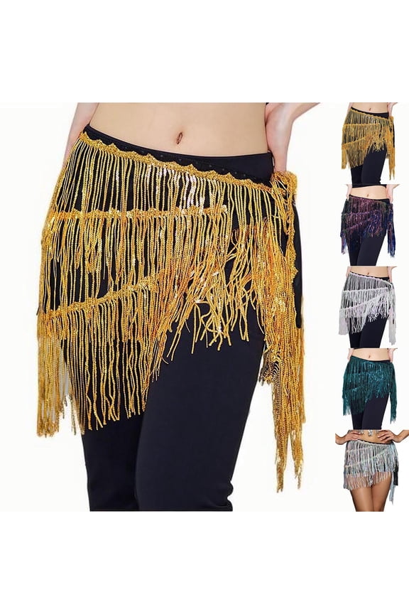 Womens Belly Dance Hip Scarf Gold Fringe Design Shimmery Fabric Relaxed Silhouette for Party Events Green Free Size