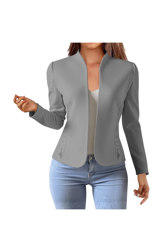 Womens Blazers for Work Casual Elegant Lace Trim Long Sleeve Suit Jackets Dressy Casual Office Work Open Front Coat Gray M