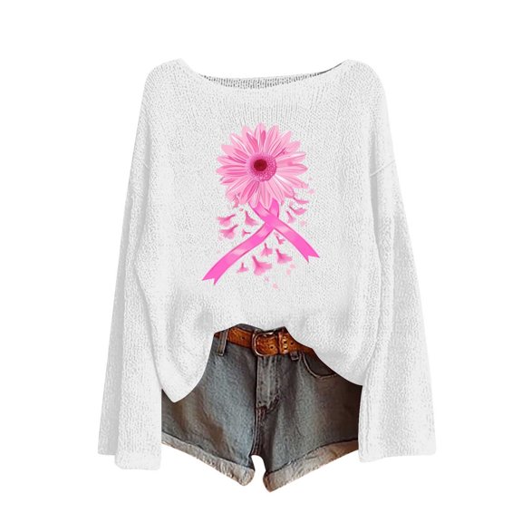 Sexlip Womens Breast Cancer Awareness Shirts Graphic Print Crew Neck Lightweight t-Shirt 3/4 Sleeve Casual Pullover Tee Tops White L