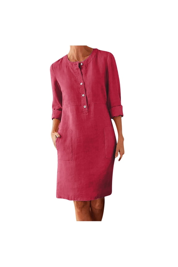 Womens Button Front Midi Dress 3/4 Sleeve Design Durable Fabric Relaxed Silhouette for Office Wear Red L