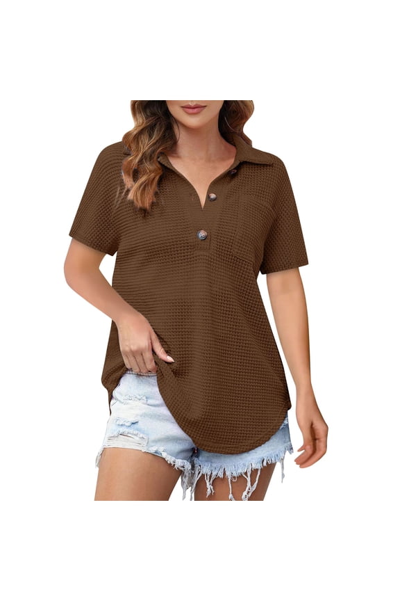 Womens Button Front Plunge Blouse V Neck Design Flowy Fabric Relaxed Silhouette for Summer Outings Brown M