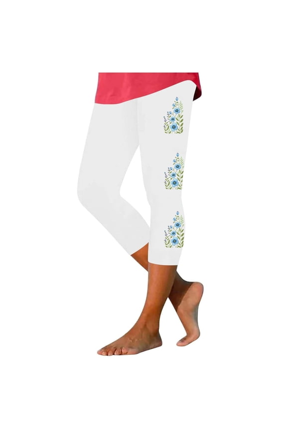 Womens Capri Leggings Delicate Decorative Print Stretchy Fabric Slim Silhouette for Beach Casual Outings White L