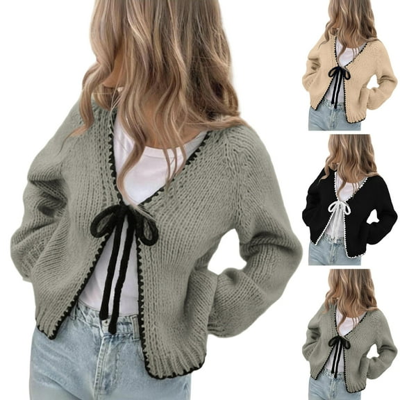 Sexlip Womens Cardigan Sweaters Trendy V Neck Long Sleeve Open Front Bow Tie Knit Chunky Lightweight Fall Outerwear Black L