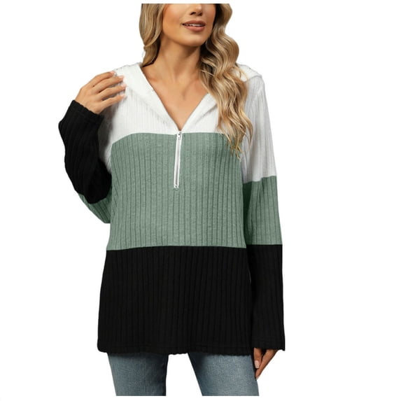 Sexlip Womens Casual Half Zip Hoodies Trendy Loose V Neck Color Block Sweatshirt Long Sleeve Ribbed Tops Green XXL