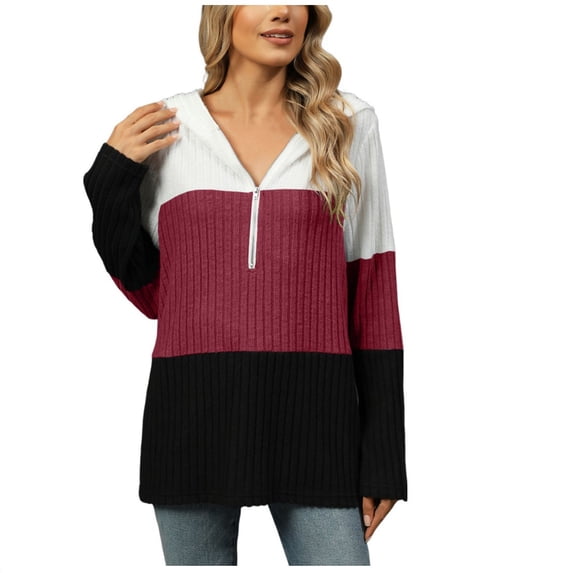 Sexlip Womens Casual Half Zip Hoodies Trendy Loose V Neck Color Block Sweatshirt Long Sleeve Ribbed Tops Red L
