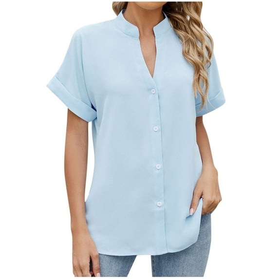 Sexlip Womens Chambray Blouse Button Front Design Breathable Fabric Relaxed Silhouette for Everyday Wear Blue S