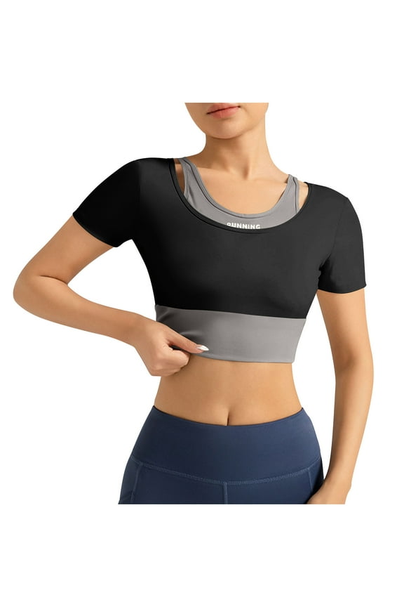 Womens Color Block Crop Blouse Crew Neck Design Moisture Wicking Fabric Relaxed Silhouette for Active Wear Black M