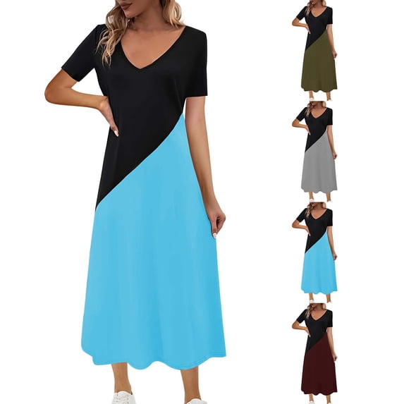 Sexlip Womens Color Block Patchwork Crew Neck Sleeveless Loose Swing Midi Dress Flowy Casual Vacation Everyday Dress Green L