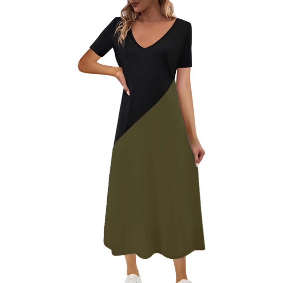 Sexlip Womens Color Block Patchwork Crew Neck Sleeveless Loose Swing Midi Dress Flowy Casual Vacation Everyday Dress Green XL