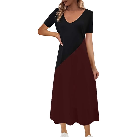 Sexlip Womens Color Block Patchwork Crew Neck Sleeveless Loose Swing Midi Dress Flowy Casual Vacation Everyday Dress Red XXL