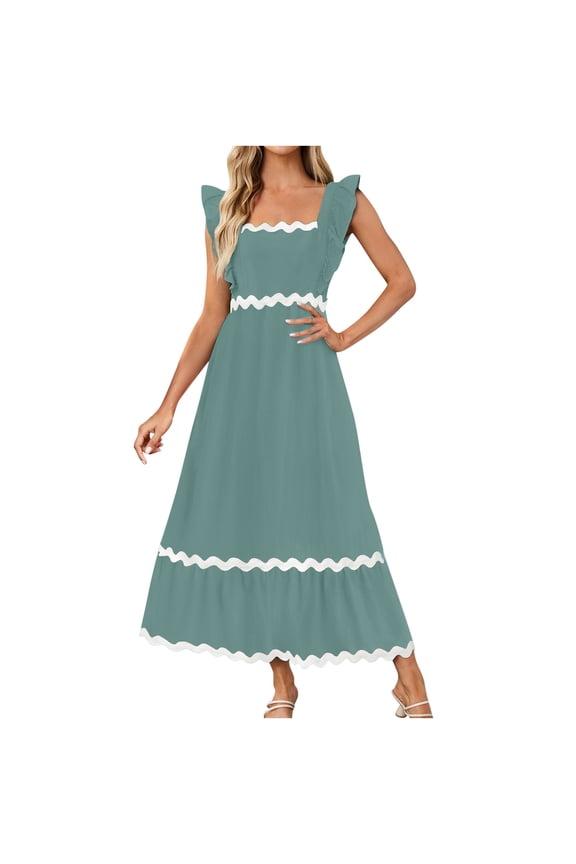 Womens Color Block Patchwork V Neck Ruffle Hem Swing Midi Dress Flowy Romantic Wedding Guest Tea Party Dress Green XL