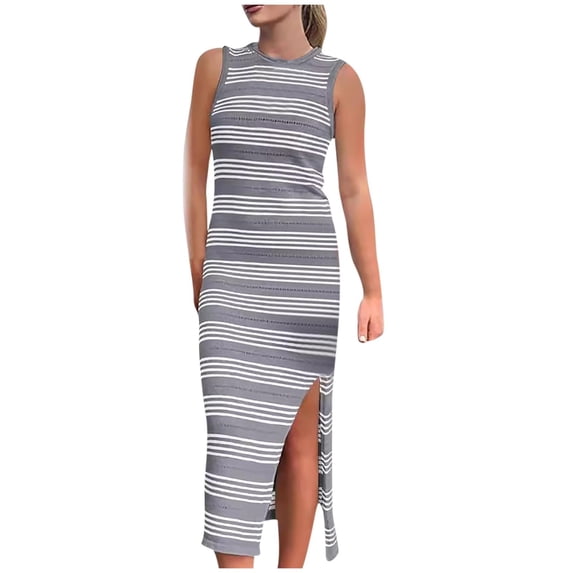 Sexlip Womens Color Block Striped Crew Neck Short Sleeve Slim Bodycon Maxi Dress Stretchy Stylish Dating Party Dress Gray M