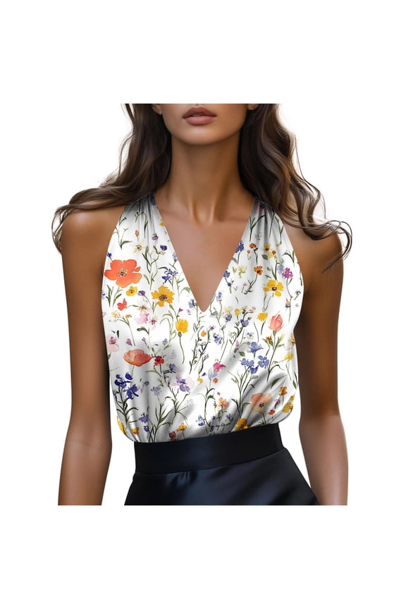 Womens Colorful Floral Print Halter Sleeveless Slim Sleeveless Top Vibrant Stylish Party Outfit White M