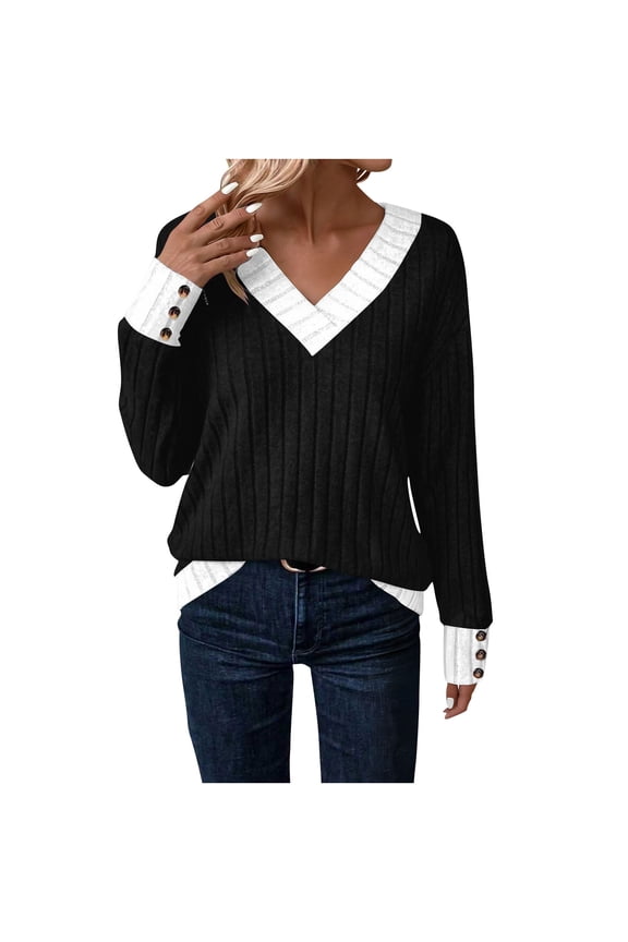 Womens Contrast Trim Sweater V Neck Design Warm Fabric Relaxed Silhouette for Fall Outings Black S