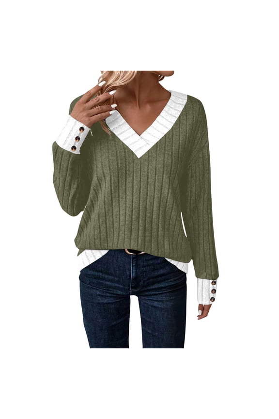 Womens Contrast Trim Sweater V Neck Design Warm Fabric Relaxed Silhouette for Fall Outings Green S