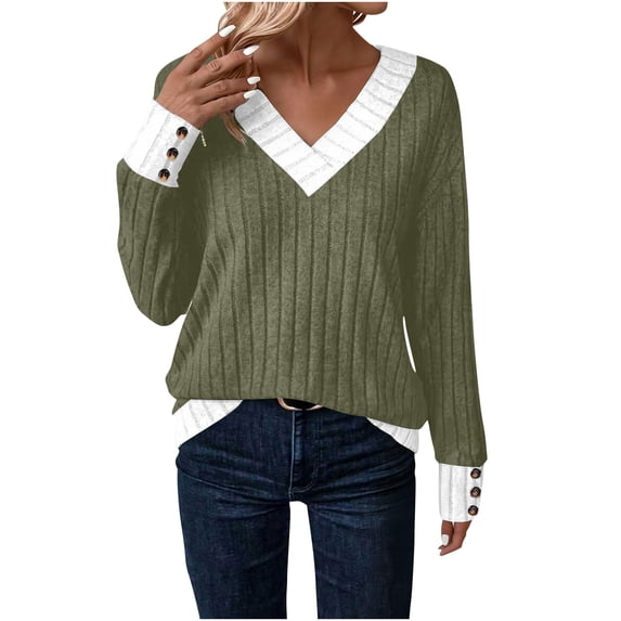 Sexlip Womens Contrast Trim Sweater V Neck Design Warm Fabric Relaxed Silhouette for Fall Outings Green XXL