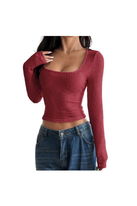 Womens Cotton Tops Long Sleeve T Shirts Square Neck Y2k Tops Slim Fit Going Out Fall Fashion Clothes Red S