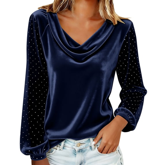 Sexlip Womens Cowl Neck Blouse Long Sleeve Velvet Fabric Flowy Silhouette for Evening Occasions Blue S