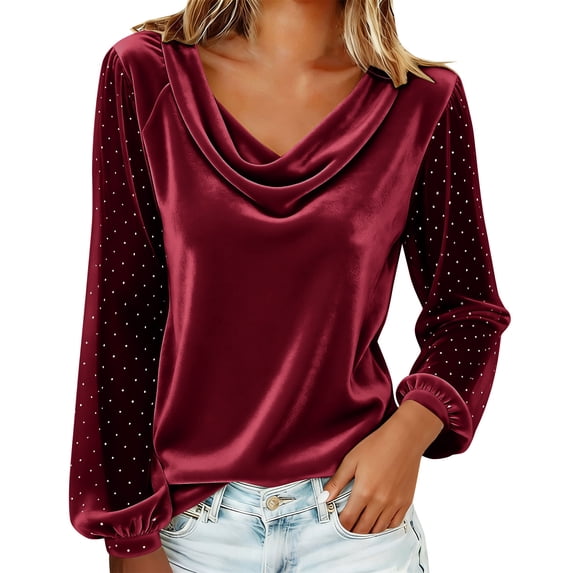 Sexlip Womens Cowl Neck Blouse Long Sleeve Velvet Fabric Flowy Silhouette for Evening Occasions Red M