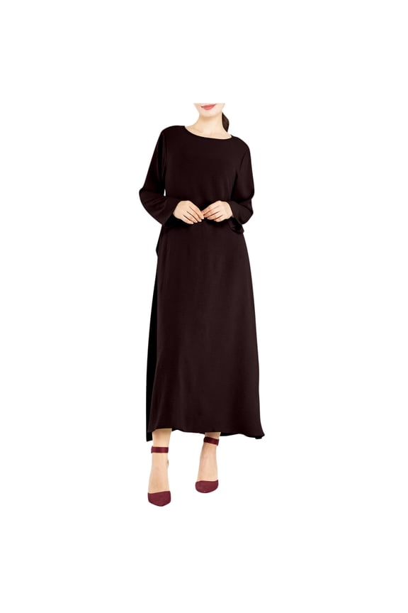 Womens Crew Neck Pocket Loose Longline Kaftan Dress Lightweight Breathable Vacation Lounge Dress Brown XXL