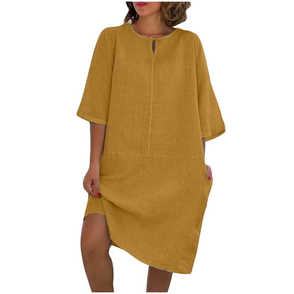 Sexlip Womens Crew Neck Pocket Loose Longline Shirt Dress Lightweight Breathable Vacation Lounge Dress Orange L
