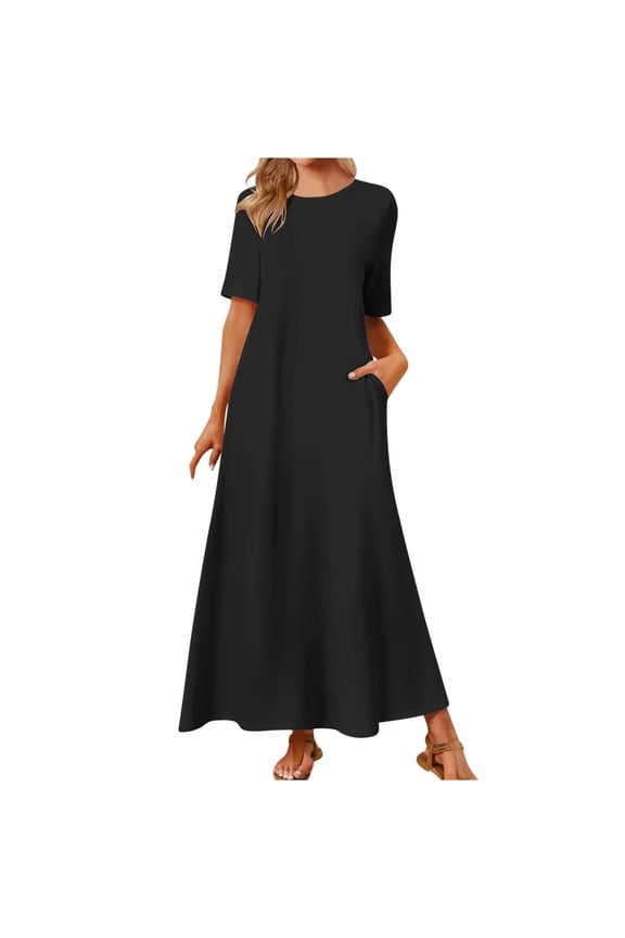 Womens Crew Neck Pocket Loose Short Sleeve Maxi Dress Lightweight Breathable Vacation Beach Dress Black XXL