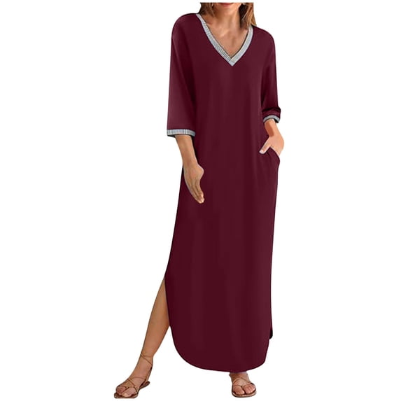 Sexlip Womens Crew Neck Pocket Loose Short Sleeve Swing Maxi Dress Soft Comfortable Vacation Lounge Dress Red S