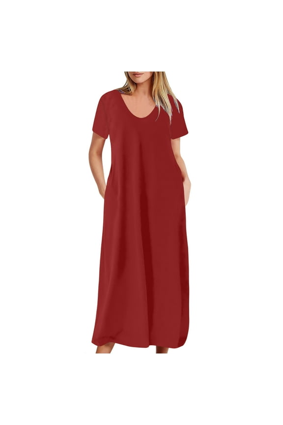 Womens Crew Neck Short Sleeve Loose Swing Maternity Maxi Dress Soft Stretchy Pregnancy Daily Casual Dress Red XXXXXL