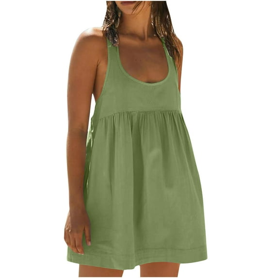 Sexlip Womens Crew Neck Sleeveless Loose Linen Mini Dress Lightweight Breathable Summer Beach Casual Outfit Green S