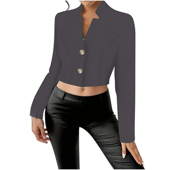 Sexlip Womens Cropped Blazer Long Sleeve Button Front Design Soft Fabric Slim Silhouette for Casual Wear Gray L