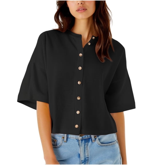 Sexlip Womens Cropped Cardigan Short Sleeve Cardigan Lightweight Oversized Cardigans Trendy Button Down Shirts Black M