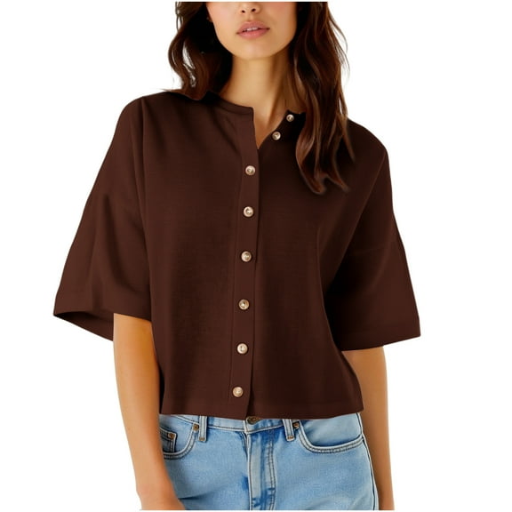 Sexlip Womens Cropped Cardigan Short Sleeve Cardigan Lightweight Oversized Cardigans Trendy Button Down Shirts Brown S