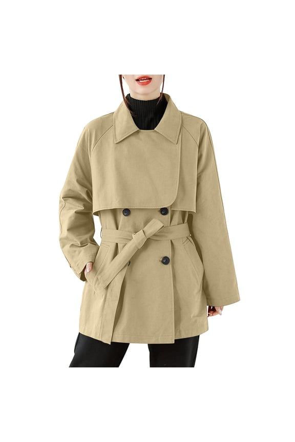 Womens Cropped Trench Coat Casual Double Breasted Short Jacket Fall Fashion Outerwear with Belt Yellow M