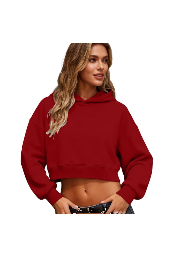 Womens Cute Cropped Hoodies Y2k Long Sleeve Sweatshirts Fall Fashion Outfits Winter Sweater Clothes Red L