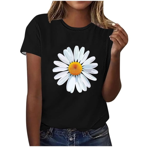 Sexlip Womens Daisy Graphic Blouse Crew Neck Design Lightweight Fabric Relaxed Silhouette for Casual Gatherings Black L