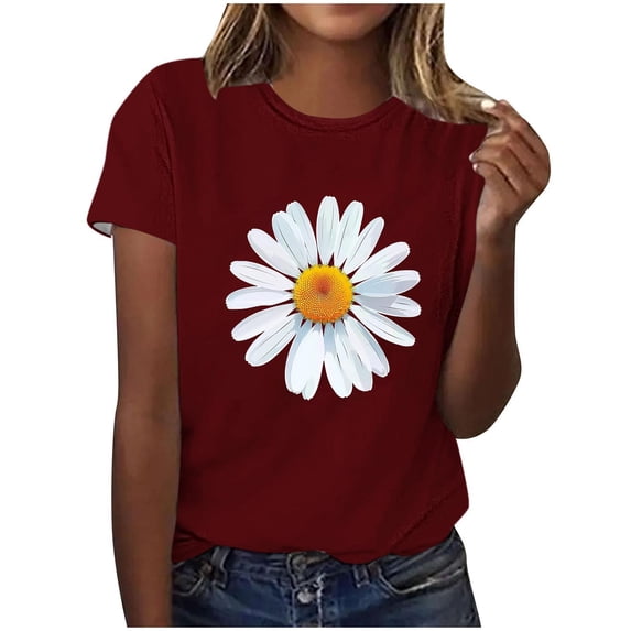 Sexlip Womens Daisy Graphic Blouse Crew Neck Design Lightweight Fabric Relaxed Silhouette for Casual Gatherings Red XXL