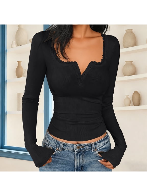 Womens Deep V Blouse Long Sleeve Ruched Design Soft Fabric Slim Silhouette for Evening Occasions Black M