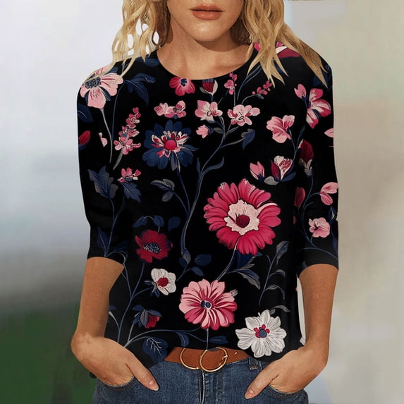 Sexlip Womens Ditsy Floral Print Blouse Crew Neck Design Quick Dry Fabric Relaxed Silhouette for Daily Errands Multicolor XXXL